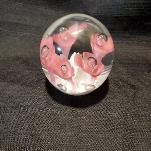 Glass Flower Paperweight with Pink Floral Bubbles